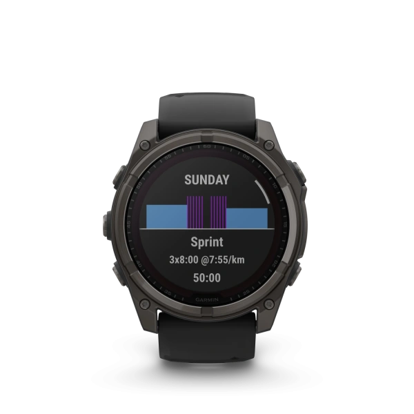 Garmin Fenix ​​8 — 51 мм — титановый корпус Solar Sapphire Carbon Grey DLC с силиконовым ремешком черного/серого цвета 010-02907-11 от прозводителя Garmin